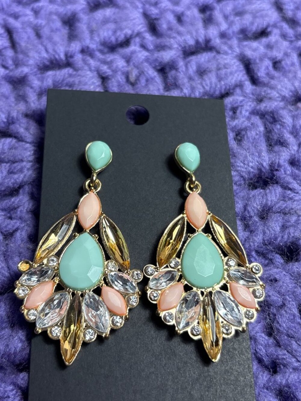 Rhinestone Statement Dangle Earrings Multicolor Goldtone Missing 1 Rhinestone